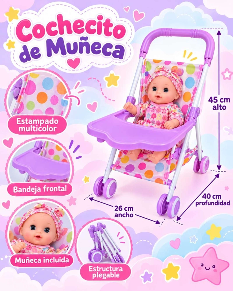 SET MUÑECA BEBE INTERACTIVA CON COCHE SILLA DE COMER Y ACCESORIOS NIÑAS - 8
