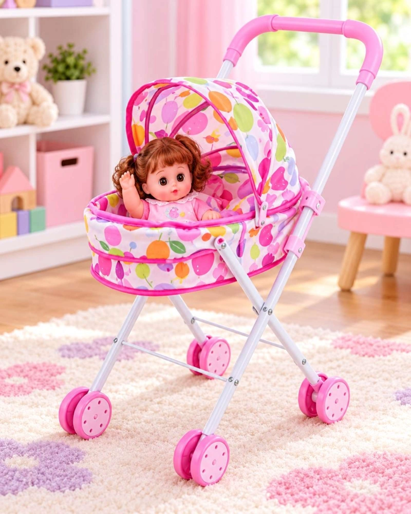 MUÑECA BEBE DE 30 CM CON COCHECITO PLEGABLE DE PASEO NIÑAS - 6