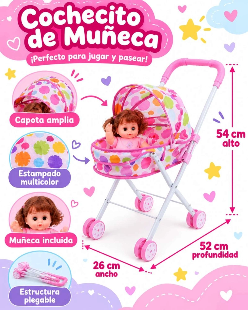 MUÑECA BEBE DE 30 CM CON COCHECITO PLEGABLE DE PASEO NIÑAS - 8