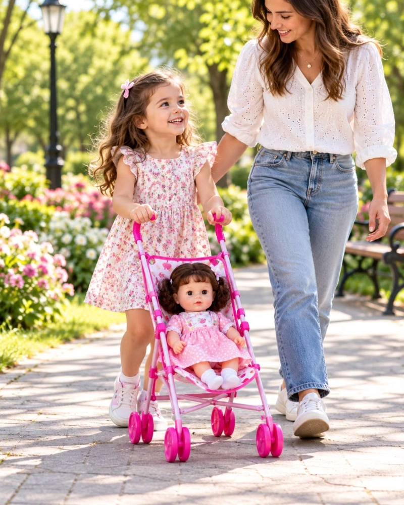 MUÑECA BEBE INTERACTIVA 35.5 CM CON COCHECITO SONIDOS OJOS MOVILES Y ACCESORIOS - 1