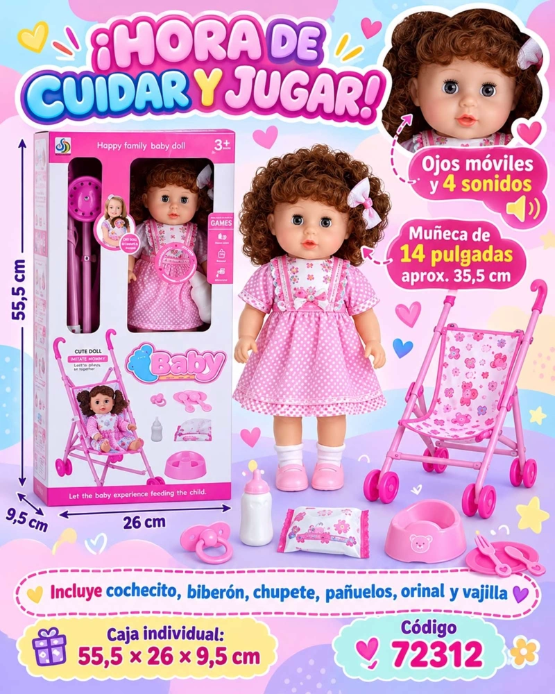 MUÑECA BEBE INTERACTIVA 35.5 CM CON COCHECITO SONIDOS OJOS MOVILES Y ACCESORIOS - 8
