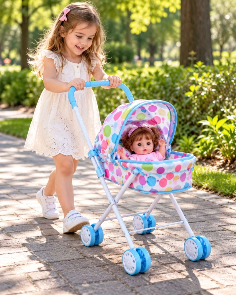 MUÑECA BEBE DE 30 CM CON COCHECITO PLEGABLE DE PASEO NIÑAS - 1