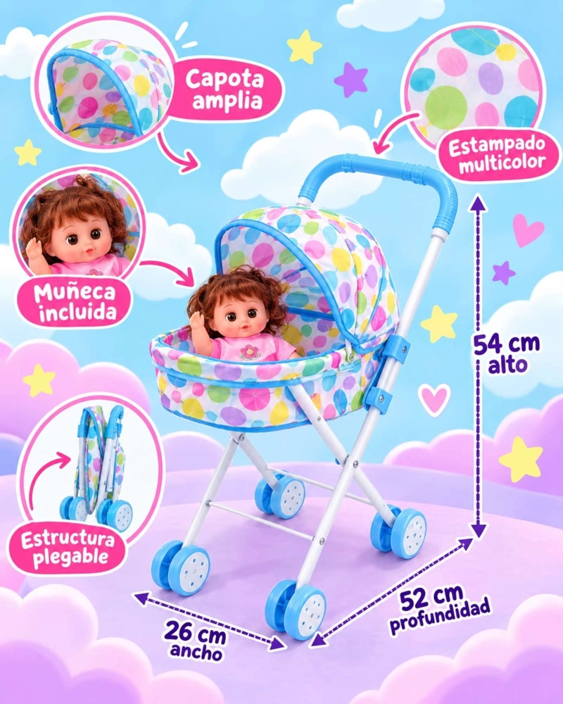 MUÑECA BEBE DE 30 CM CON COCHECITO PLEGABLE DE PASEO NIÑAS - 7