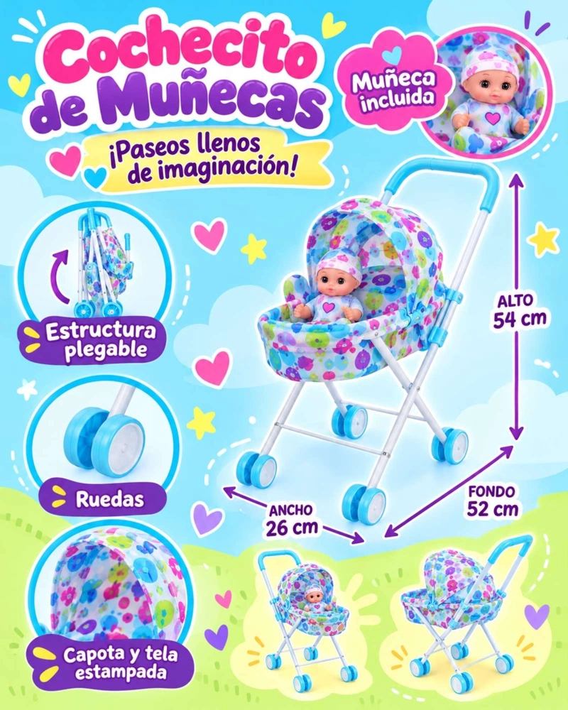MUÑECA BEBE INTERACTIVA 30 CM CON COCHECITO PLEGABLE Y ACCESORIOS - 8