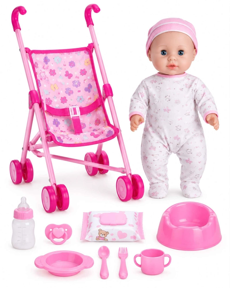 MUÑECA BEBE INTERACTIVA 35.5 CM CON COCHECITO SONIDOS OJOS MOVILES Y ACCESORIOS - 6