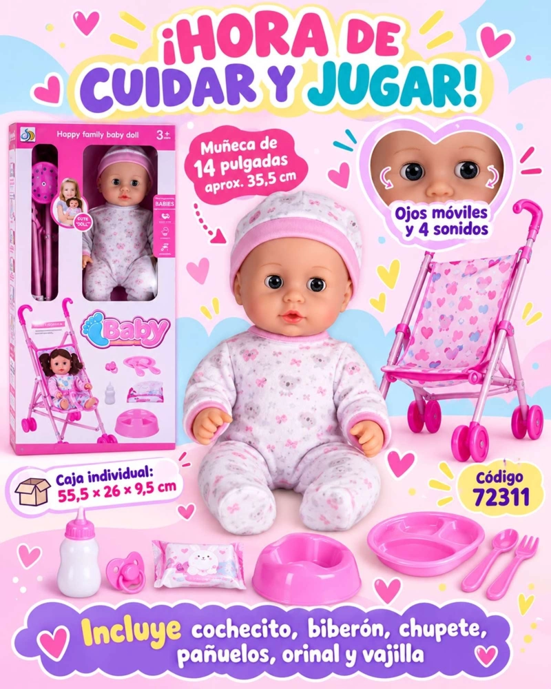 MUÑECA BEBE INTERACTIVA 35.5 CM CON COCHECITO SONIDOS OJOS MOVILES Y ACCESORIOS - 8