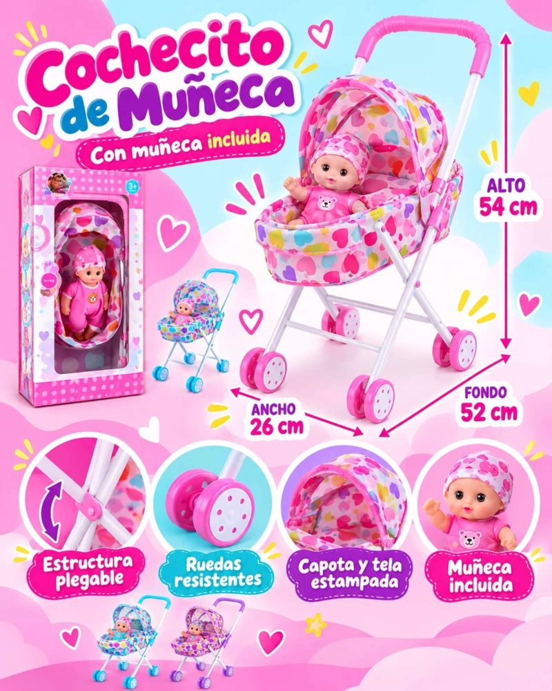 MUÑECA BEBE INTERACTIVA 30 CM CON COCHECITO PLEGABLE Y ACCESORIOS - 8