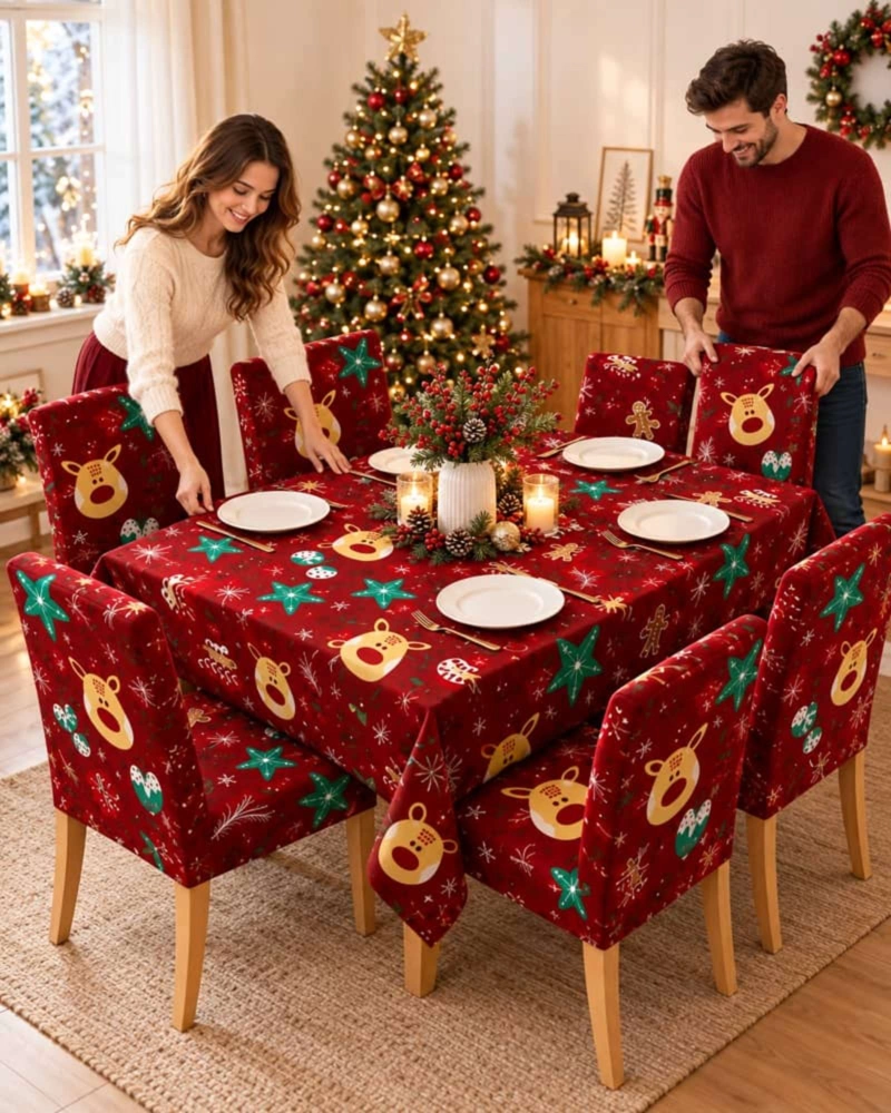 SET DE MANTEL NAVIDEÑO 140X220 CM CON 6 FUNDAS DE SILLA - 1