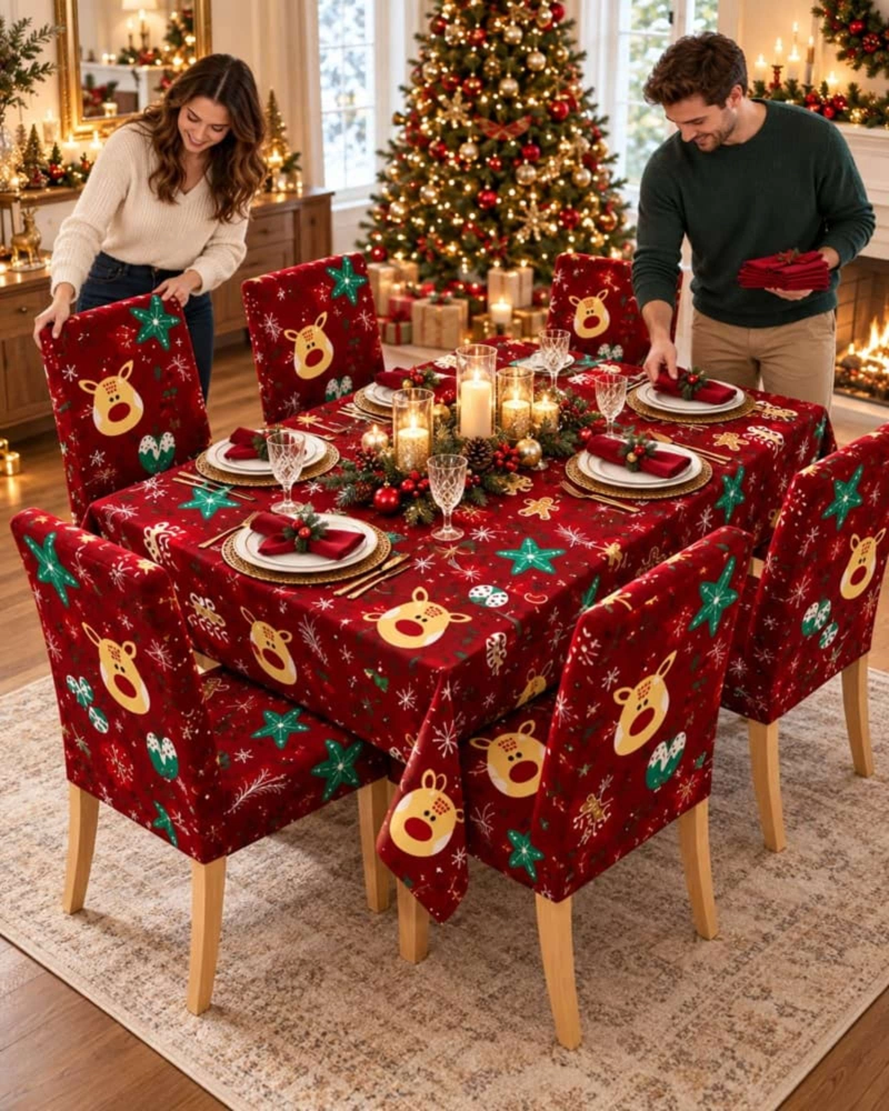 SET DE MANTEL NAVIDEÑO 140X220 CM CON 6 FUNDAS DE SILLA - 3