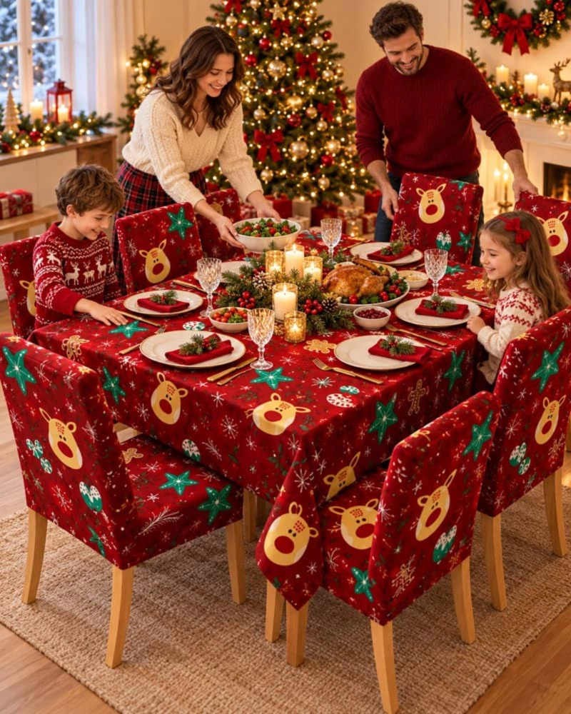 SET DE MANTEL NAVIDEÑO 140X220 CM CON 6 FUNDAS DE SILLA - 4