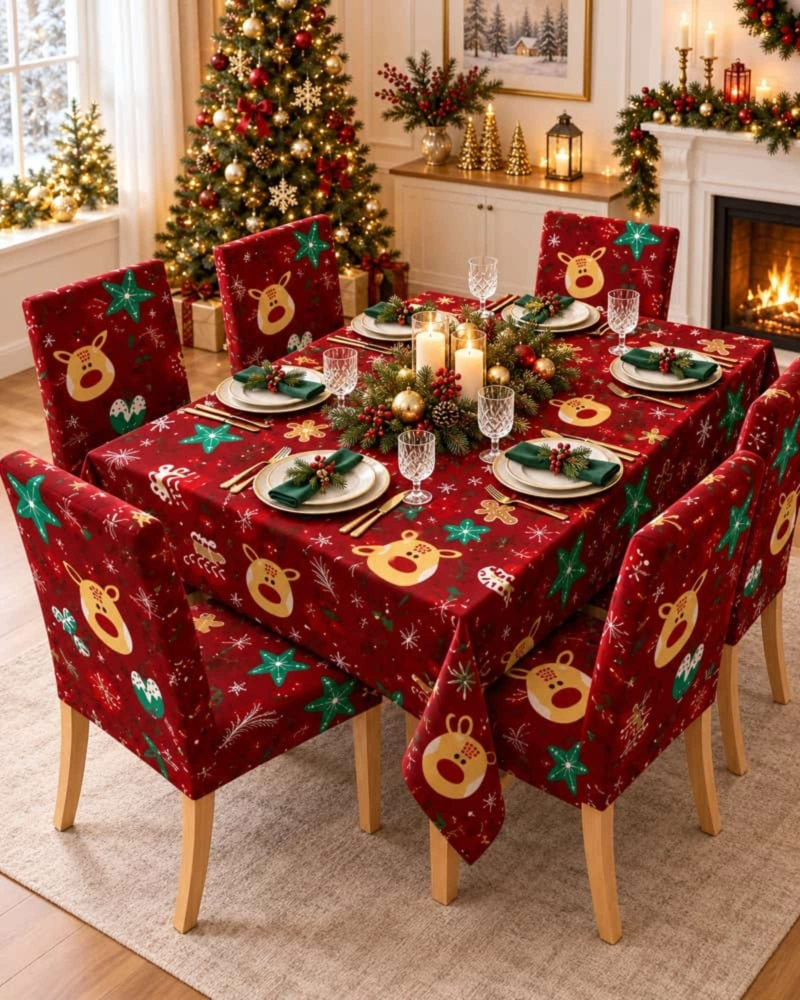 SET DE MANTEL NAVIDEÑO 140X220 CM CON 6 FUNDAS DE SILLA - 6
