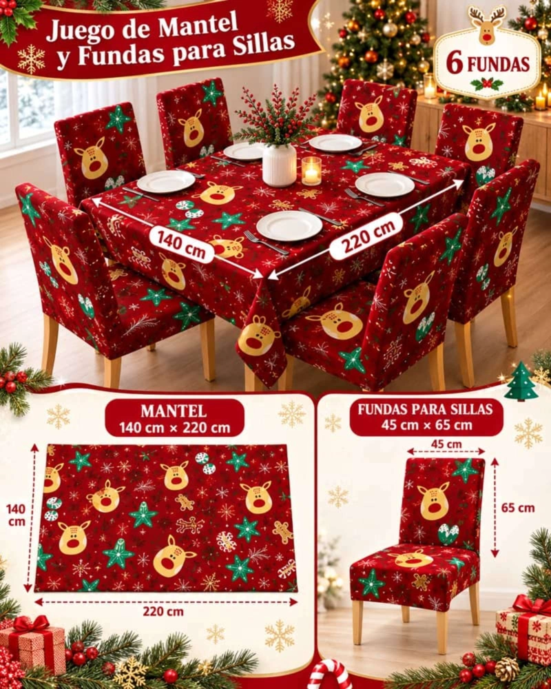 SET DE MANTEL NAVIDEÑO 140X220 CM CON 6 FUNDAS DE SILLA - 7