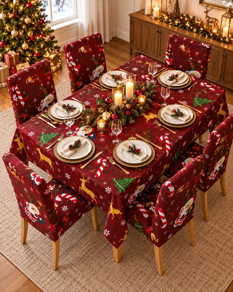 SET DE MANTEL NAVIDEÑO 140X220 CM CON 6 FUNDAS DE SILLA - 6