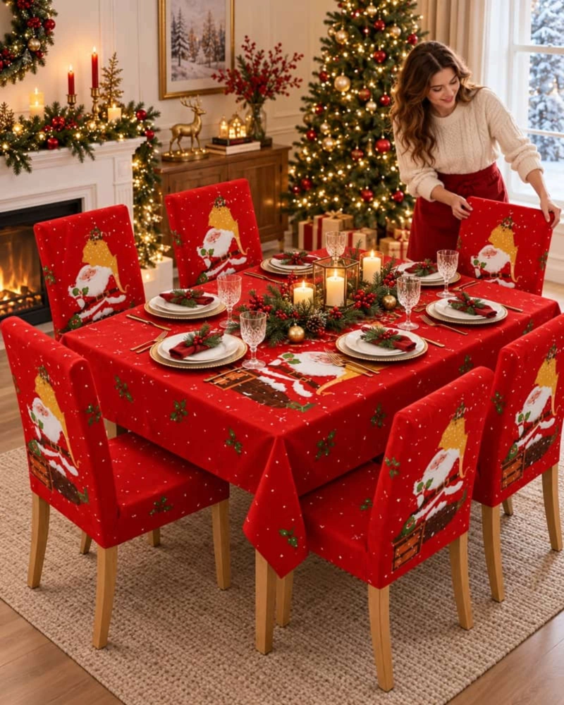 SET DE MANTEL NAVIDEÑO 140X220 CM CON 6 FUNDAS DE SILLA - 1