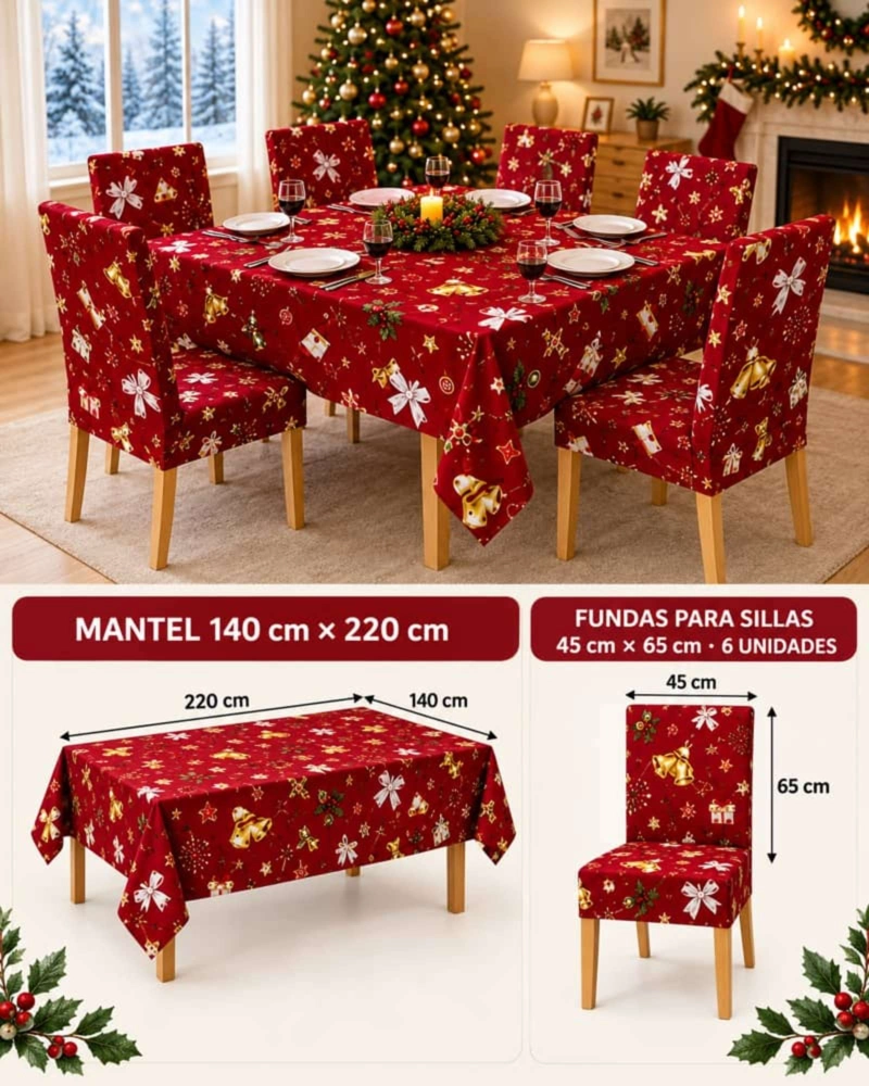 SET DE MANTEL NAVIDEÑO 140X220 CM CON 6 FUNDAS DE SILLA - 8