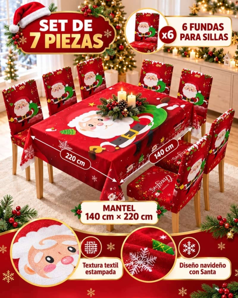 SET DE MANTEL NAVIDEÑO 140X220 CM CON 6 FUNDAS DE SILLA - 7