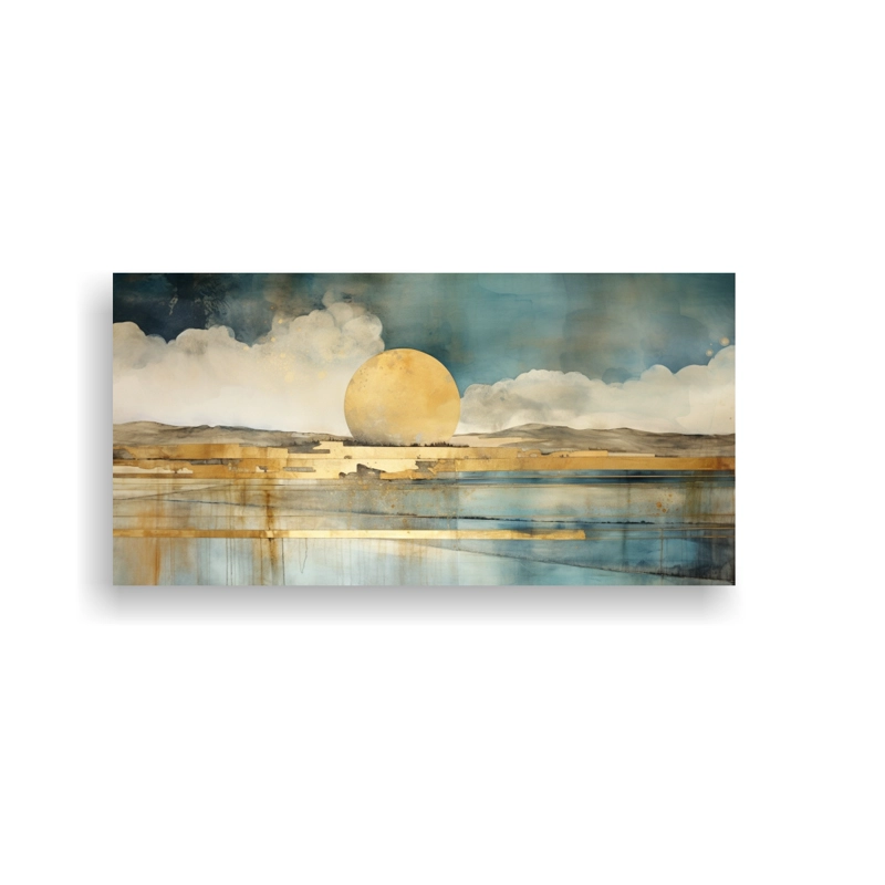 PINTURA DE ARTE EN LIENZO TELA PARA HABITACIÓN CON ACUARELA DORADA, TURQUESA Y PLATEADA 100X50CM - 1