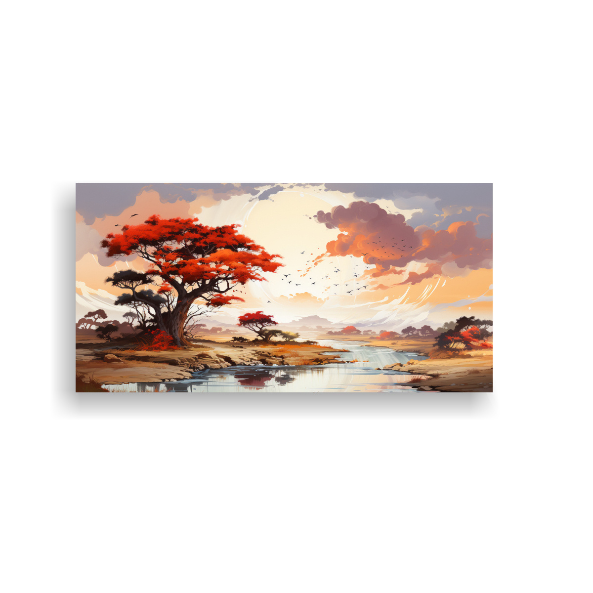 CUADRO ABSTRACTO DE BELLEZA NATURAL EN COLORES ROJO Y NARANJA CON ÁRBOL DE ACACIA. 40X20CM - 1