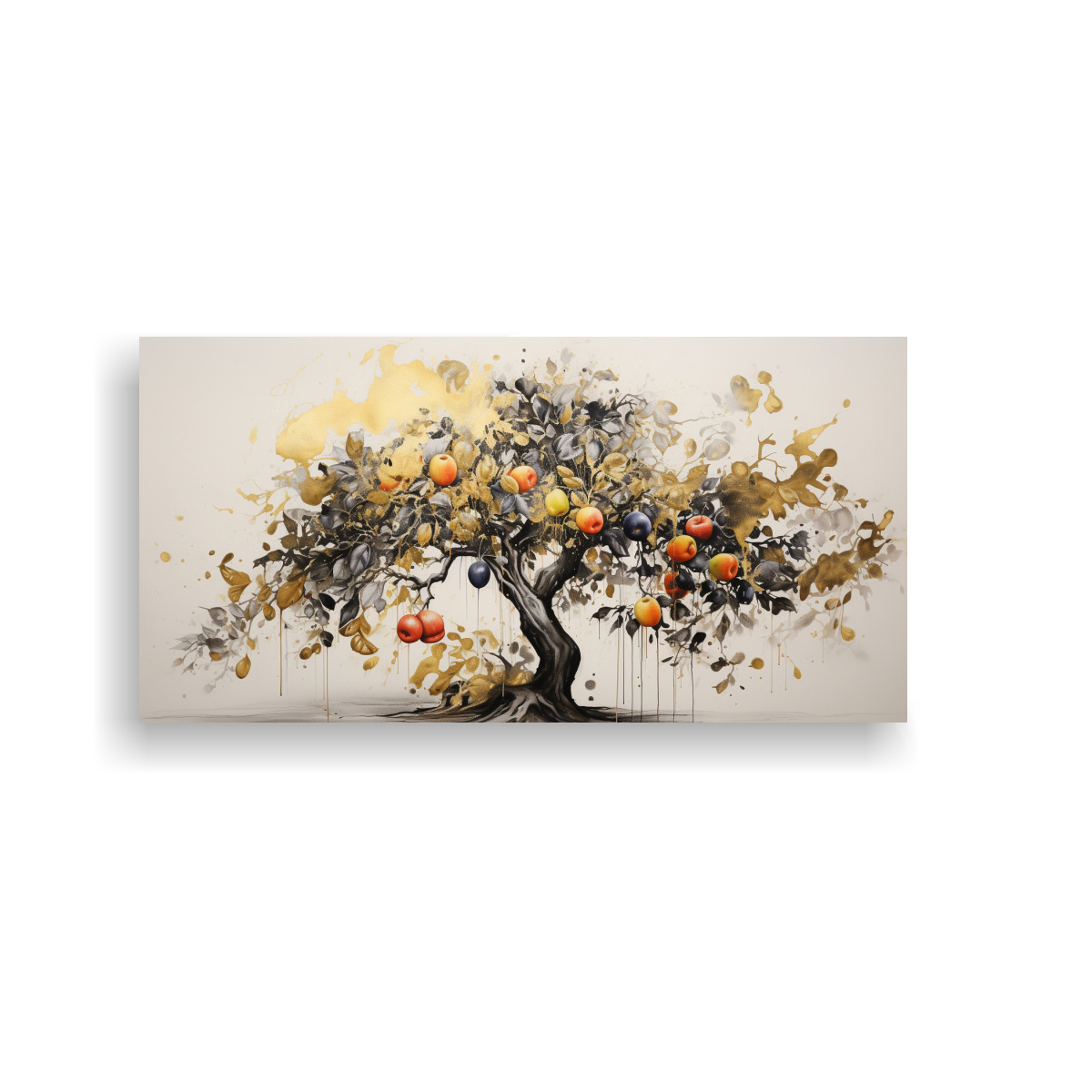 PINTURA ABSTRACTA ALTA CALIDAD ÁRBOL FRUTAL EN COLORES ORO Y NEGRO EN CANVA. 100X50CM - 1