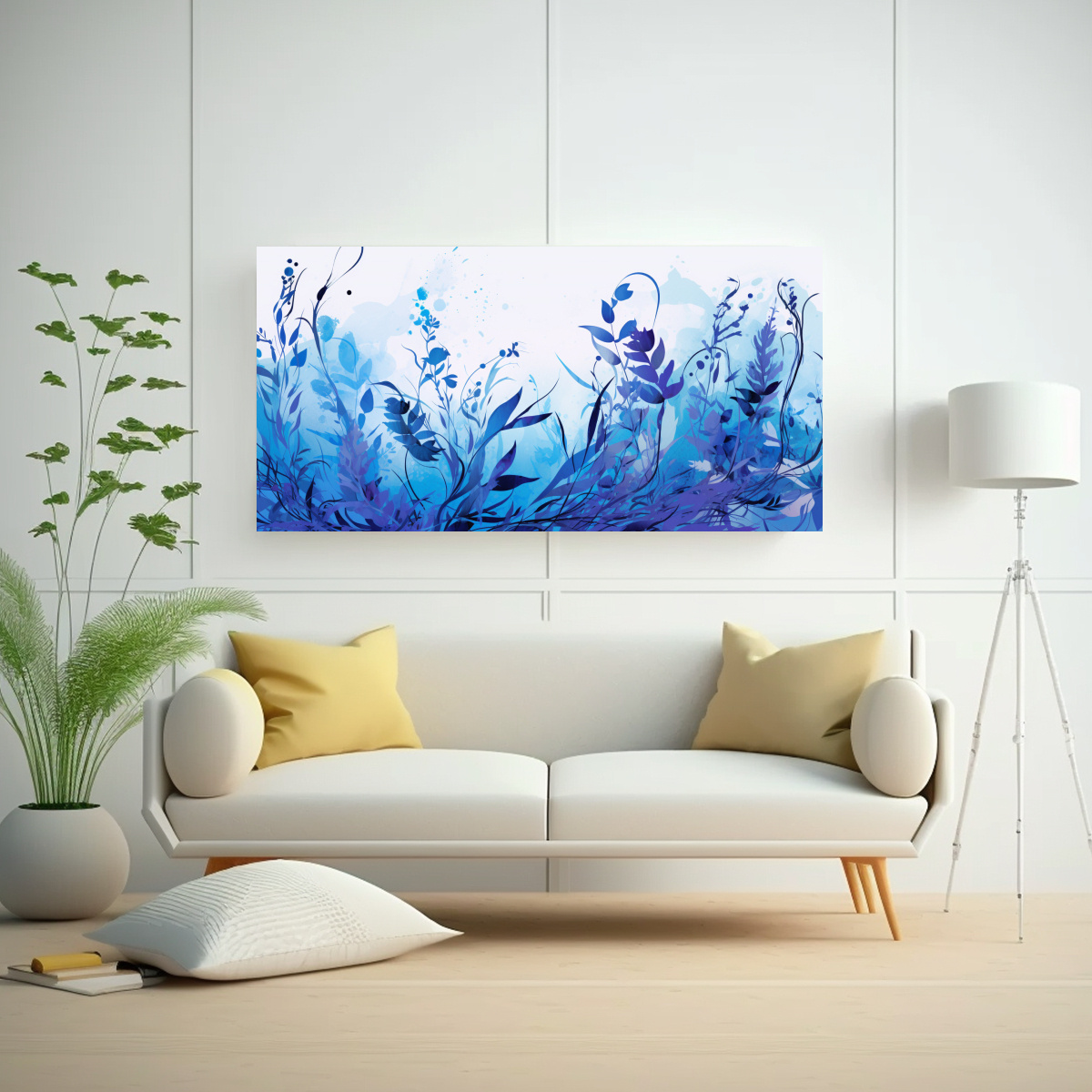LIENZO DE TELA DECORATIVO HERBÁCEO EN COLORES AZULES CON ATMÓSFERA NEONOIR. 40X20CM - 2