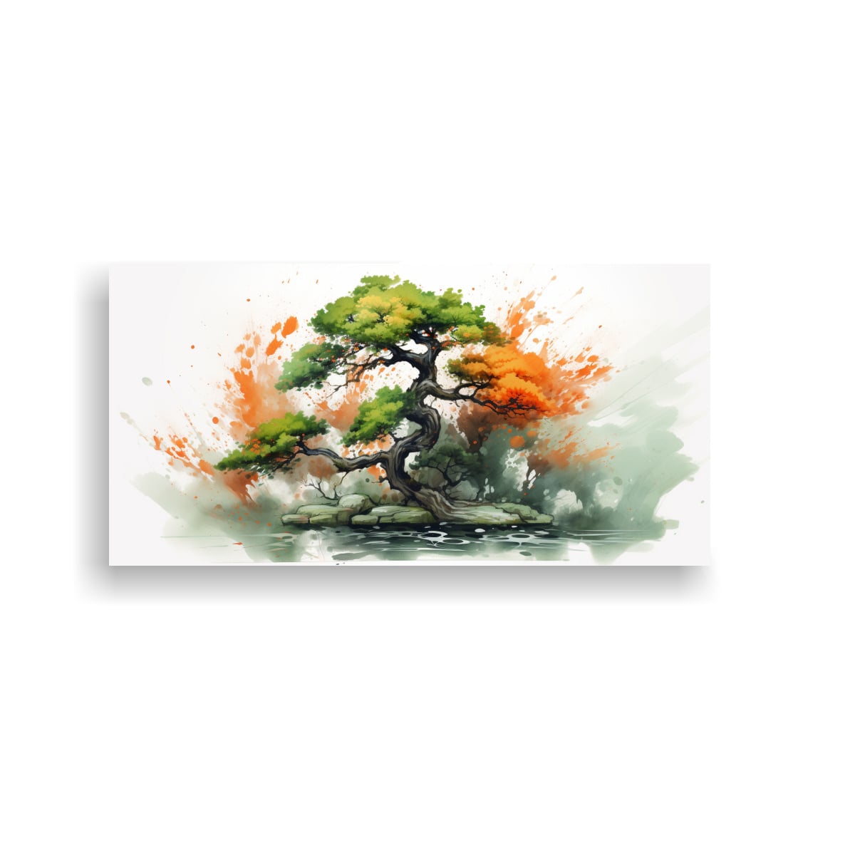 CUADRO ABSTRACTO DE COLORES DEL ÁRBOL DE BONSÁI VERDE Y NARANJA PARA DECORACIÓN DE PINT 100X50CM - 1