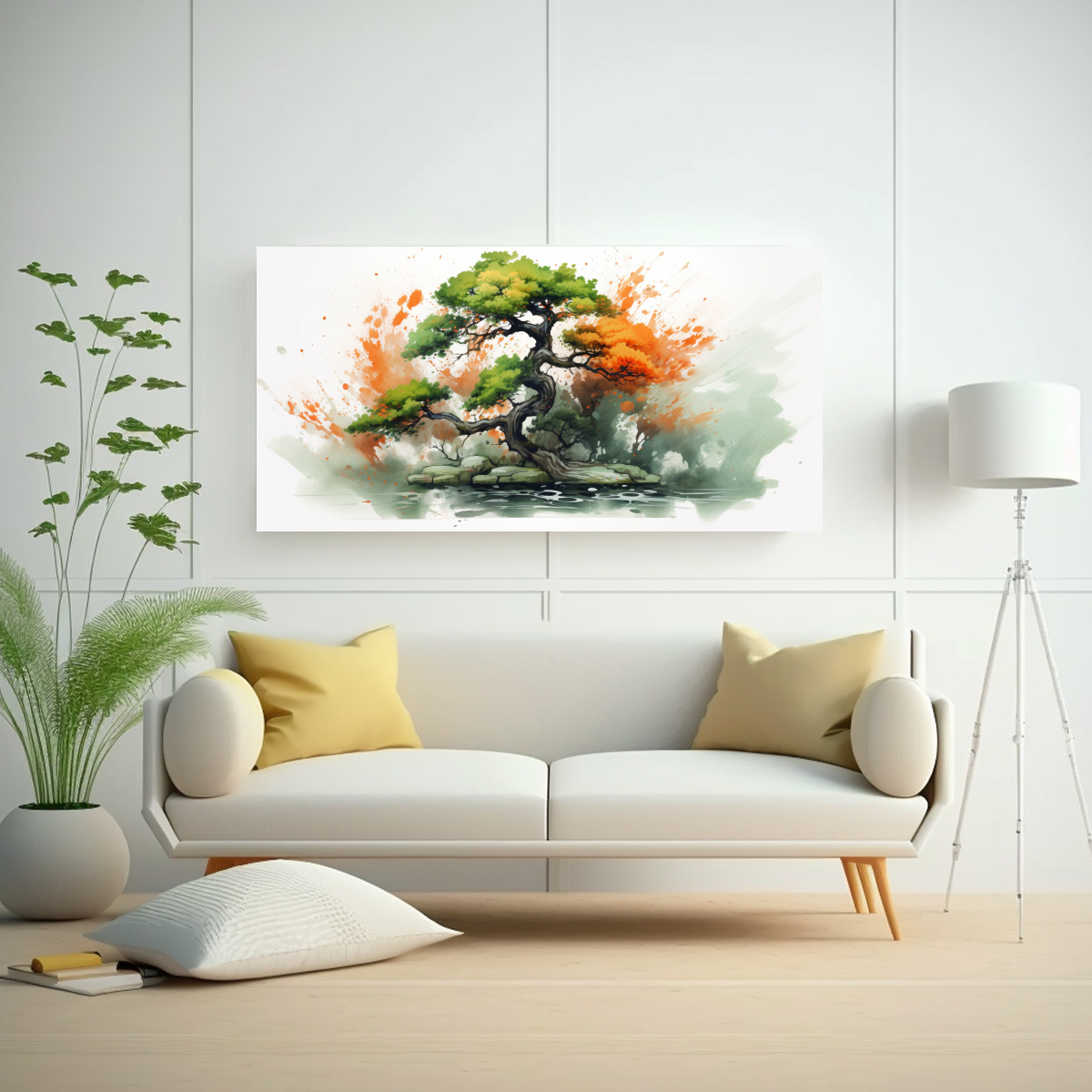 CUADRO ABSTRACTO DE COLORES DEL ÁRBOL DE BONSÁI VERDE Y NARANJA PARA DECORACIÓN DE PINT 100X50CM - 2