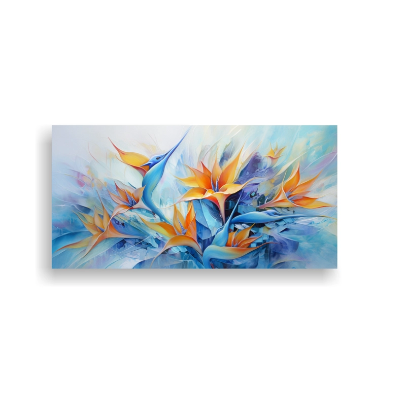 PINTURA ABSTRACTA DE AVES DEL PARAÍSO EN COLORES AZULES INSPIRADORA PARA DECORACIÓN DE A 60X30CM - 1