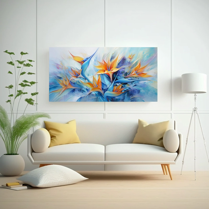 PINTURA ABSTRACTA DE AVES DEL PARAÍSO EN COLORES AZULES INSPIRADORA PARA DECORACIÓN DE A 60X30CM - 2