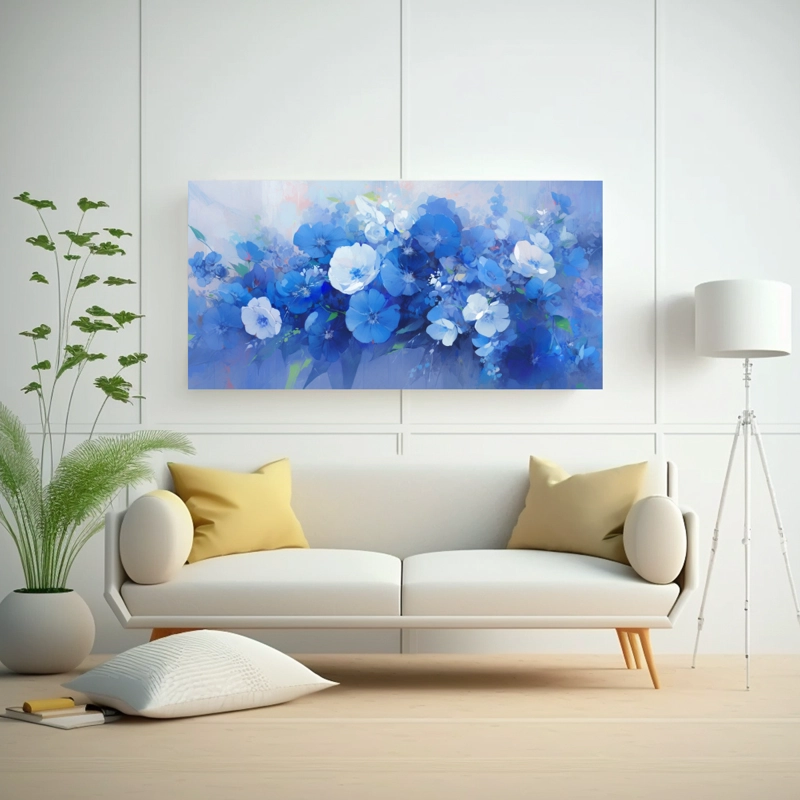 CUADRO VINTAGE LIVING CON FLORES EN LIENZO ESTILO AZUL 40X20CM - 2