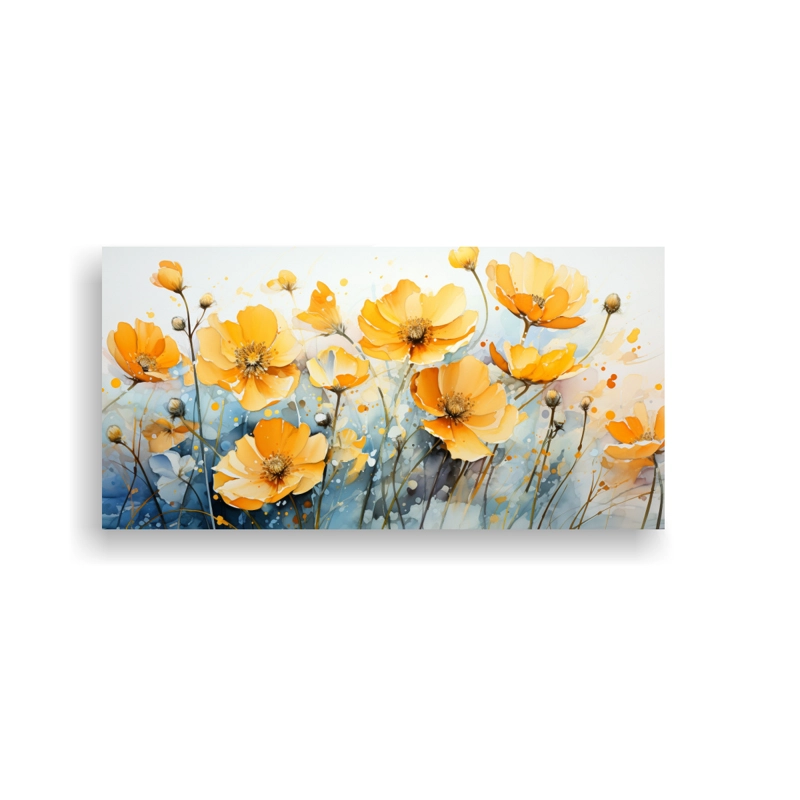 CUADROS DECORATIVOS DE PINTURA ABSTRACTA DE FLORES BUTTERCUPS EN ACUARELA Y COLORES EXPRES 40X20CM - 1