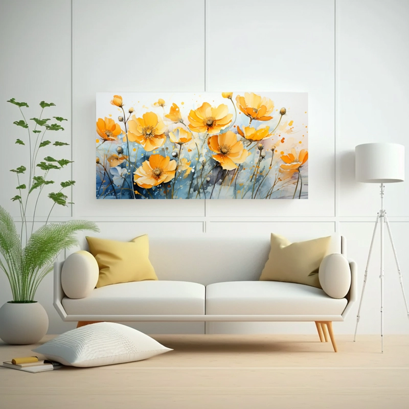 CUADROS DECORATIVOS DE PINTURA ABSTRACTA DE FLORES BUTTERCUPS EN ACUARELA Y COLORES EXPRES 40X20CM - 2