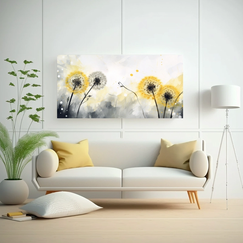 PINTURA ABSTRACTA DE DIENTE DE LEÓN AMARILLO Y NEGRO  ALTA RESOLUCIÓN 60X30CM - 2