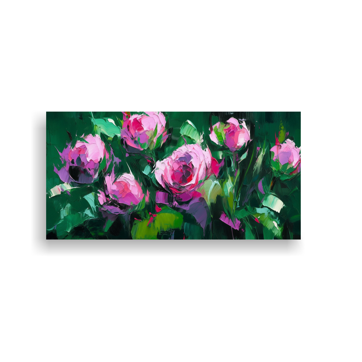 PINTURA EN LIENZO DE FLORES EN FORMA DE PERSPECTIVA EN COLORES VERDE Y MAGENTA EN DECORACI 140X70CM - 1