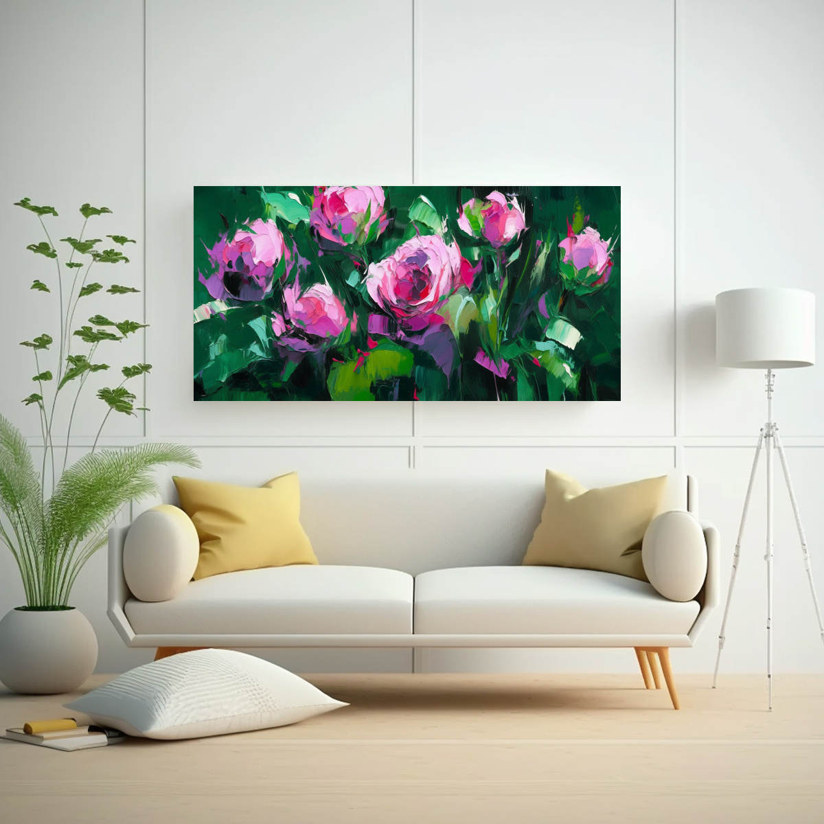 PINTURA EN LIENZO DE FLORES EN FORMA DE PERSPECTIVA EN COLORES VERDE Y MAGENTA EN DECORACI 140X70CM - 2