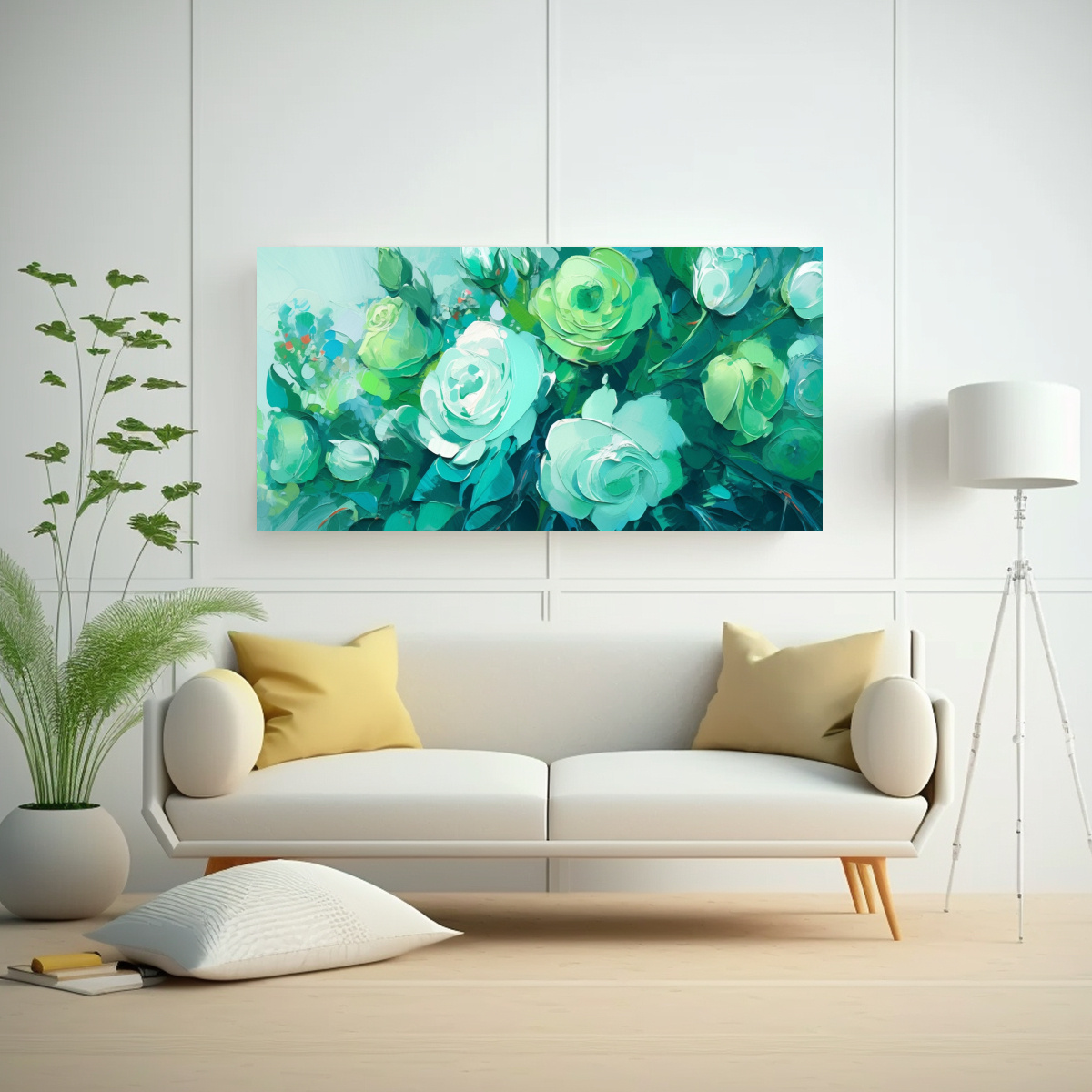 PINTURA EN LIENZO DE FLORES EN COLORES VERDE Y CIAN PARA DECORACIÓN DEL HOGAR 140X70CM - 2
