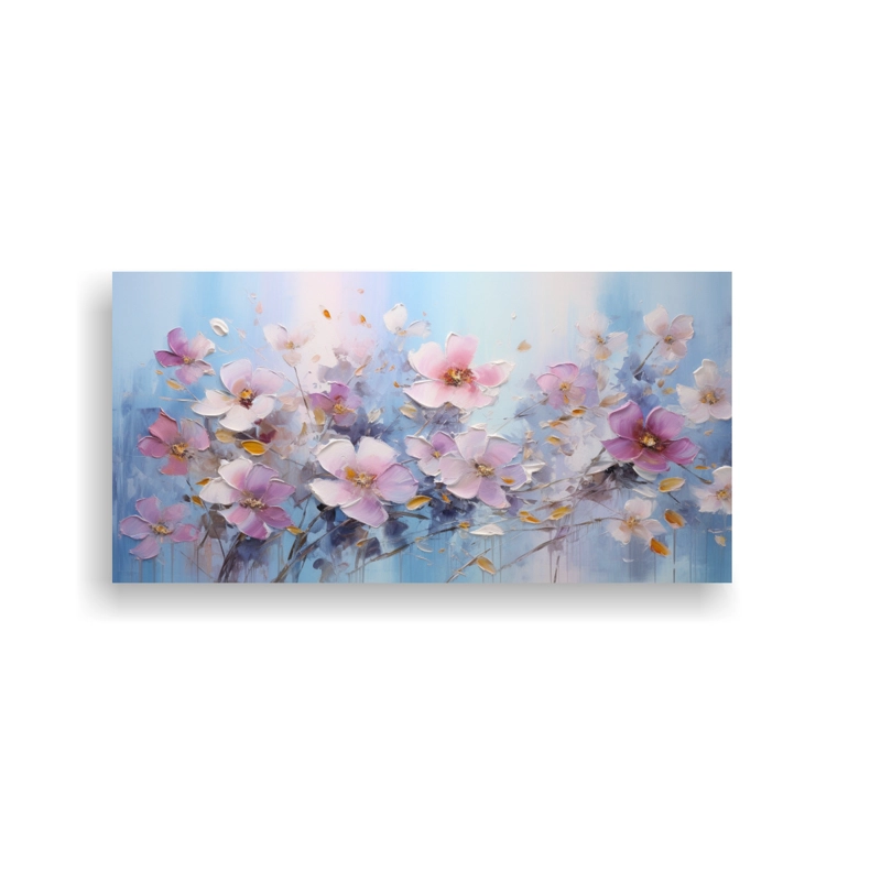 PINTURA AL ÓLEO DE FLORES EN TONOS ROSA Y AZUL SOBRE LIENZO, ARTE ABSTRACTO MÁGICO. 40X20CM - 1
