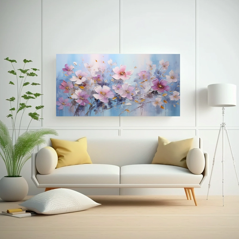PINTURA AL ÓLEO DE FLORES EN TONOS ROSA Y AZUL SOBRE LIENZO, ARTE ABSTRACTO MÁGICO. 40X20CM - 2