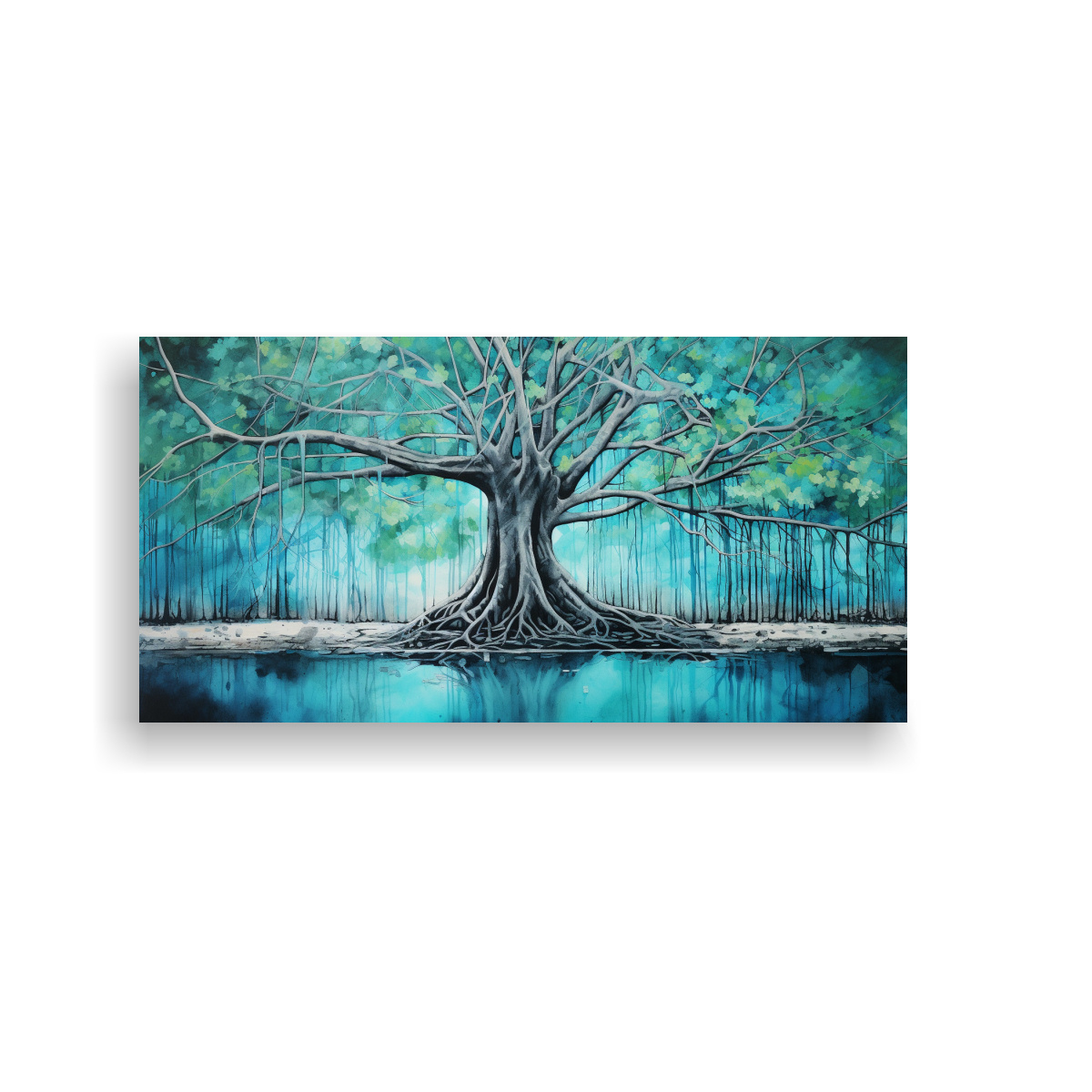 PINTURA ABSTRACTA RELIEVE DE ÁRBOL BANYAN EN COLORES TURQUESA Y NEGRO PARA DECORACIÓN DE 140X70CM - 1