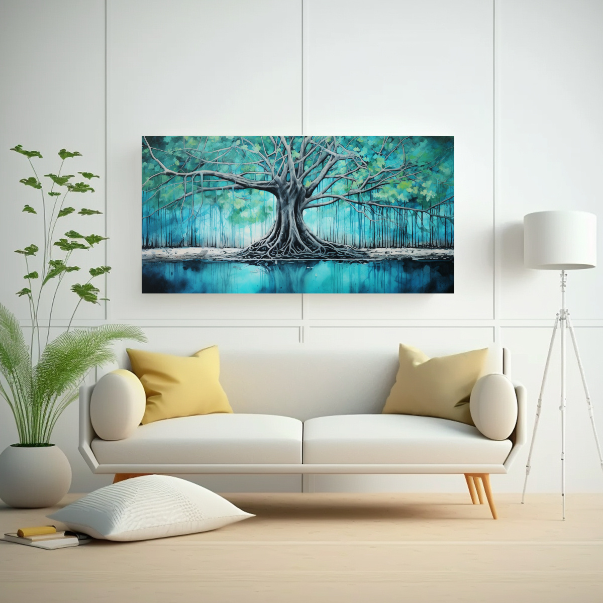 PINTURA ABSTRACTA RELIEVE DE ÁRBOL BANYAN EN COLORES TURQUESA Y NEGRO PARA DECORACIÓN DE 140X70CM - 2