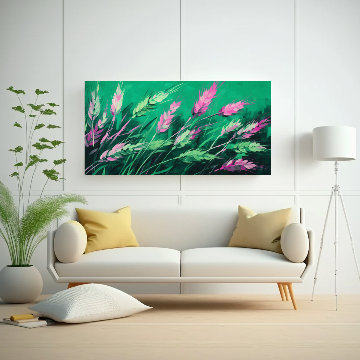 CUADRO DE TELA MÁGICO CON GRANOS DE TRIGO EN TONOS VERDE Y ROSA EN ATMÓSFERA NEONOIR 160X80CM - 2