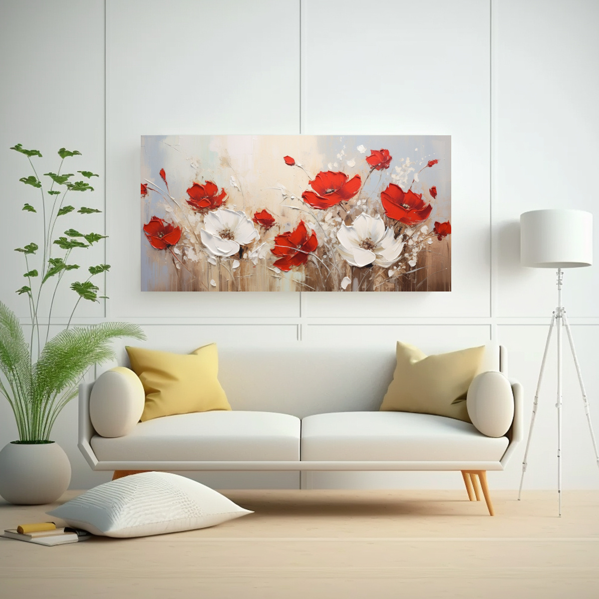 PINTURA EN TELA CANVAS MOTIVO FLORES BLANCAS Y ROJAS EN LA DECORACIÓN 120X60CM - 2