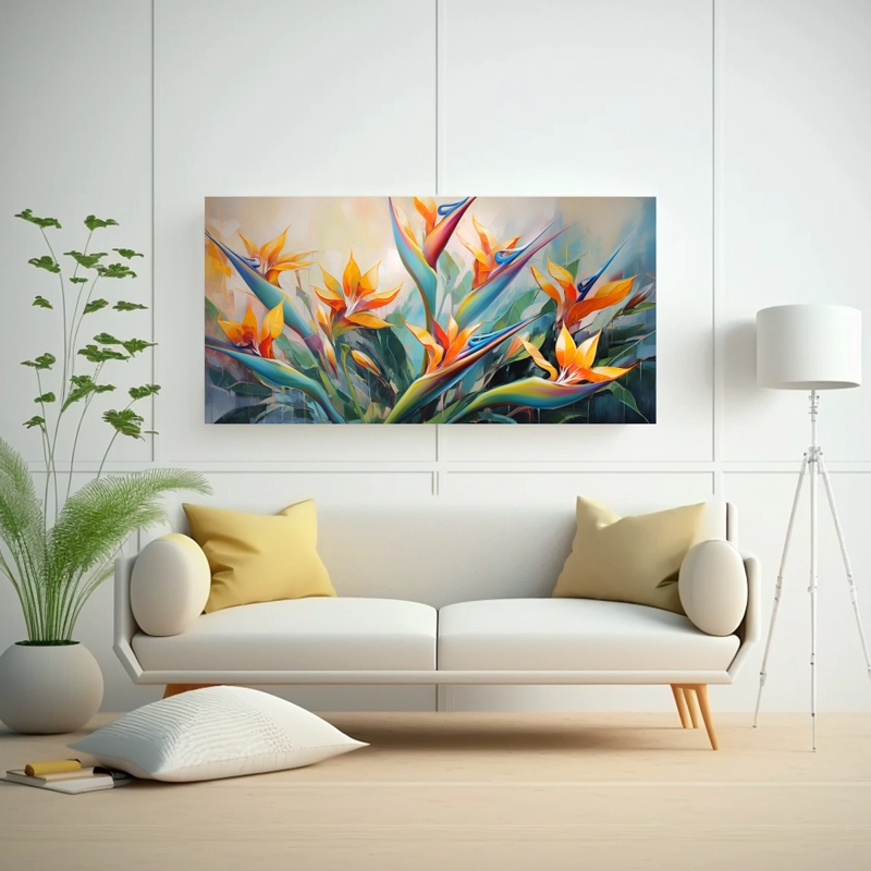 PINTURA ABSTRACTA DE ALTA CALIDAD DE UNA COMPOSICIÓN DE FLORES AVE DEL PARAÍSO 160X80CM - 2