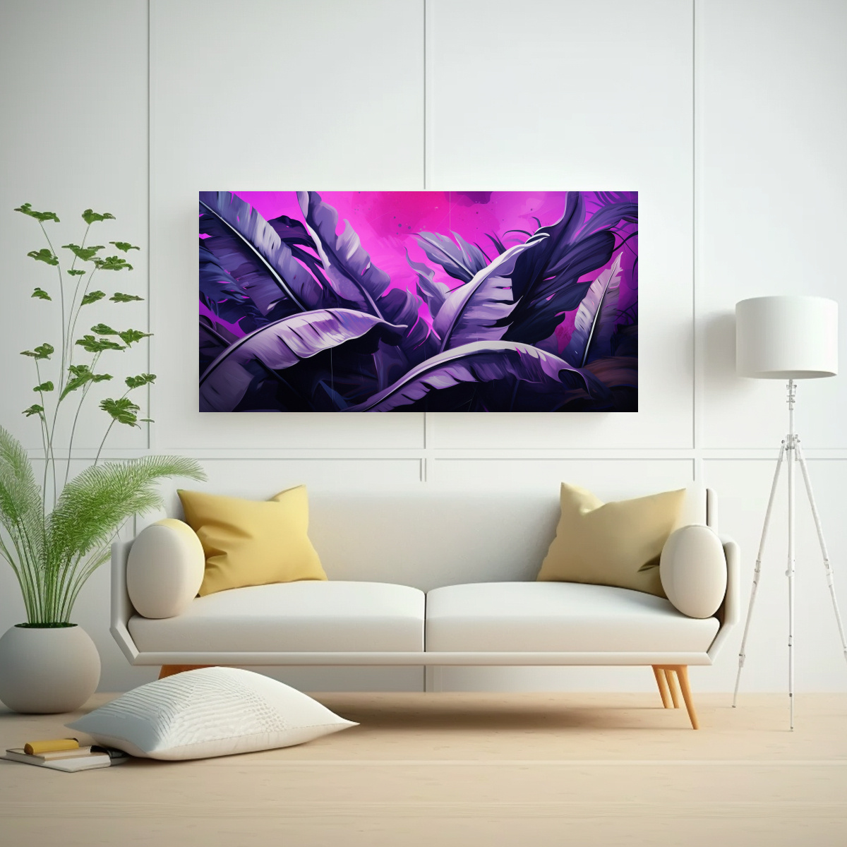 PINTURAS DE DECORACIÓN CON HOJAS DE PLÁTANO EN COLORES PÚRPURA Y ATMÓSFERA NEONOIR. 160X80CM - 2