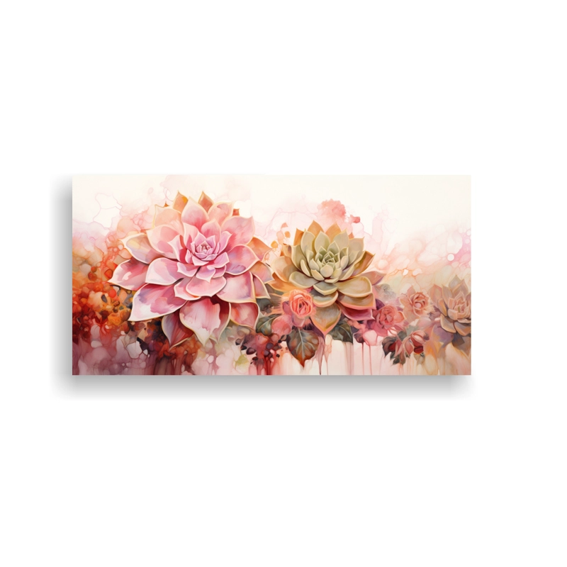 CUADRO DIBUJO RIQUEZA VISUAL SUCULENTAS FLORES ORO Y ROSA PINTURA ABSTRACTA 60X30CM - 1