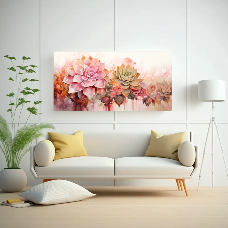 CUADRO DIBUJO RIQUEZA VISUAL SUCULENTAS FLORES ORO Y ROSA PINTURA ABSTRACTA 60X30CM - 2