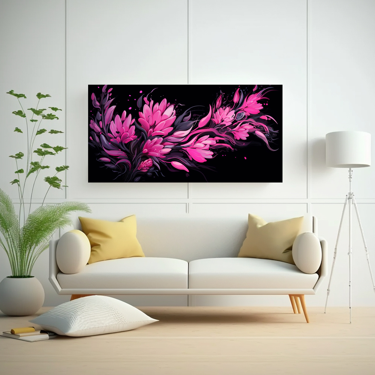 PINTURAS ARTE FORMA ELEGANCIA ROSMARINO HIERBAS EN NEGRO Y ROSA, NEONOIR 140X70CM - 2