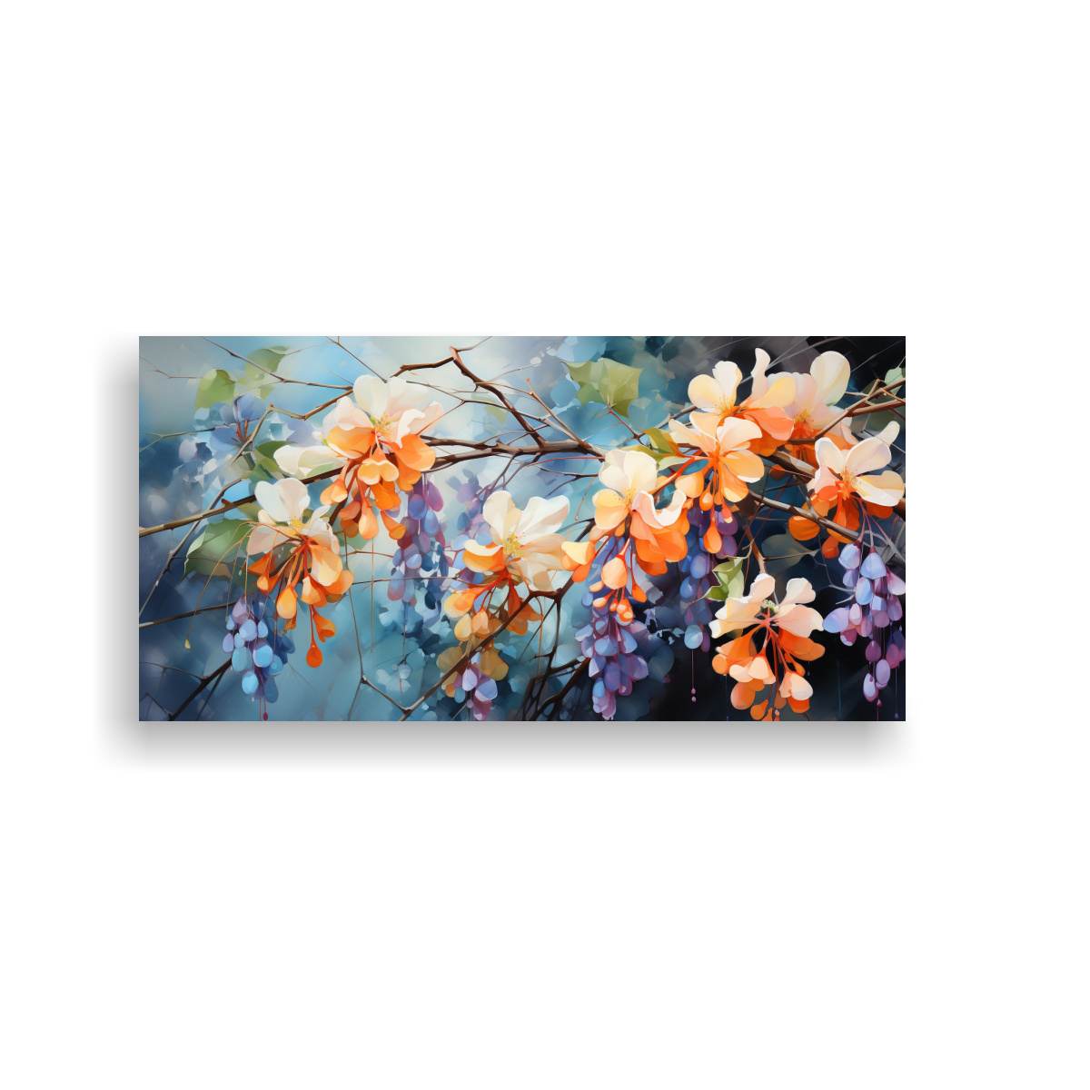 PINTURA ABSTRACTA DE FLORES DE GLICINA EN COLORES NARANJA Y AZUL 140X70CM - 1