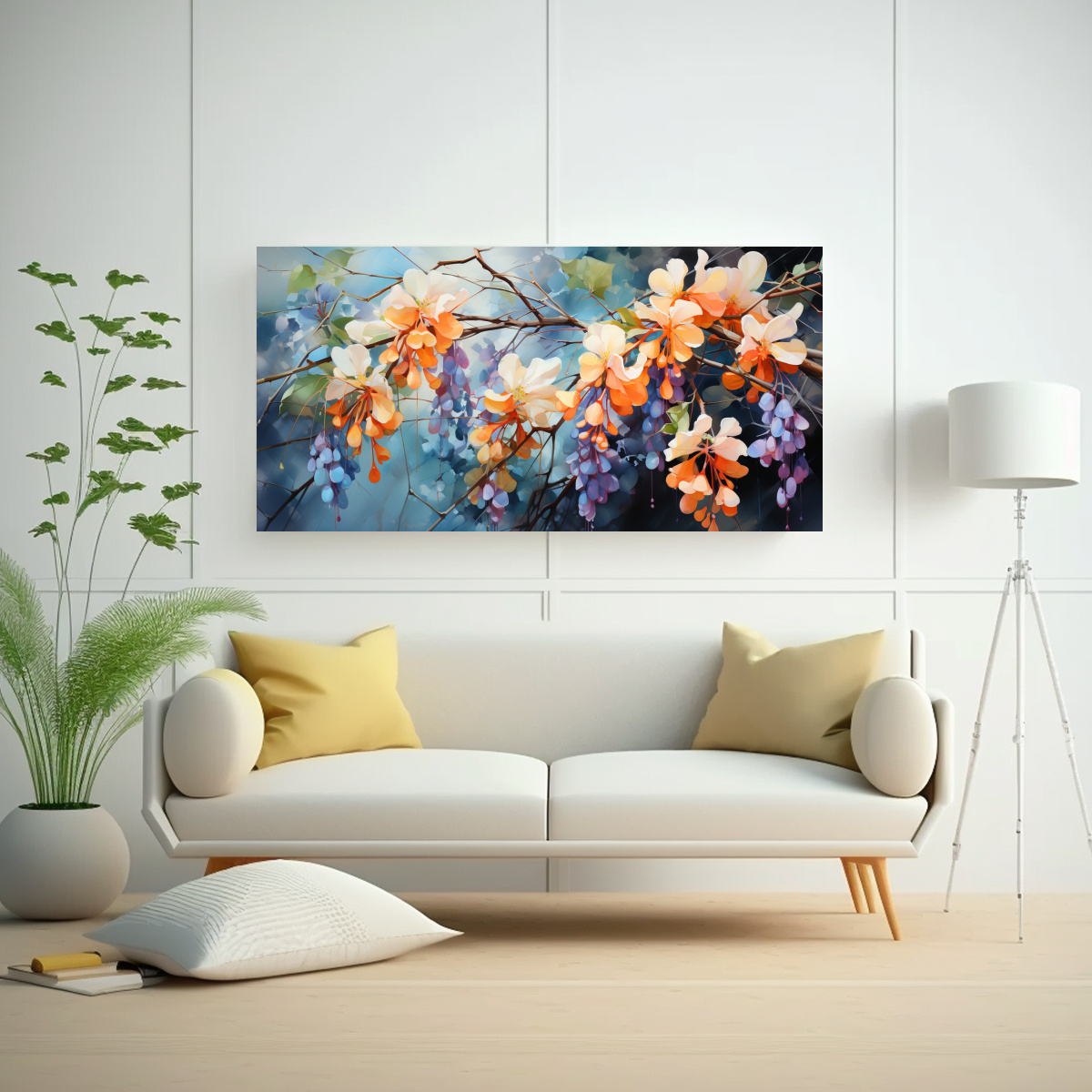 PINTURA ABSTRACTA DE FLORES DE GLICINA EN COLORES NARANJA Y AZUL 140X70CM - 2