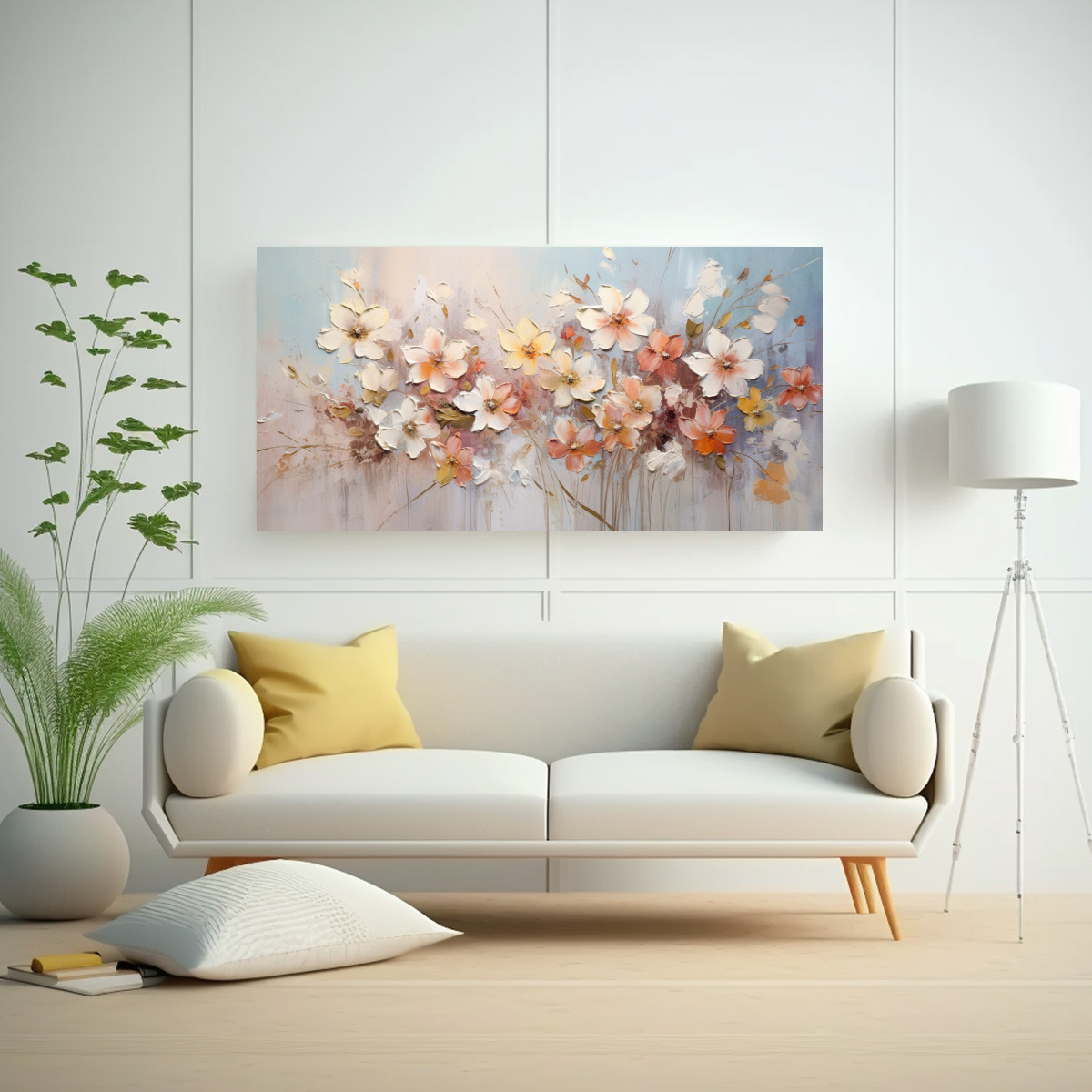 PINTURA EN LIENZO INNOVADORA DE FLORES EN COLORES SUAVES EN EL ESTILO DE ARTE FINAS LINEAS 60X30CM - 2