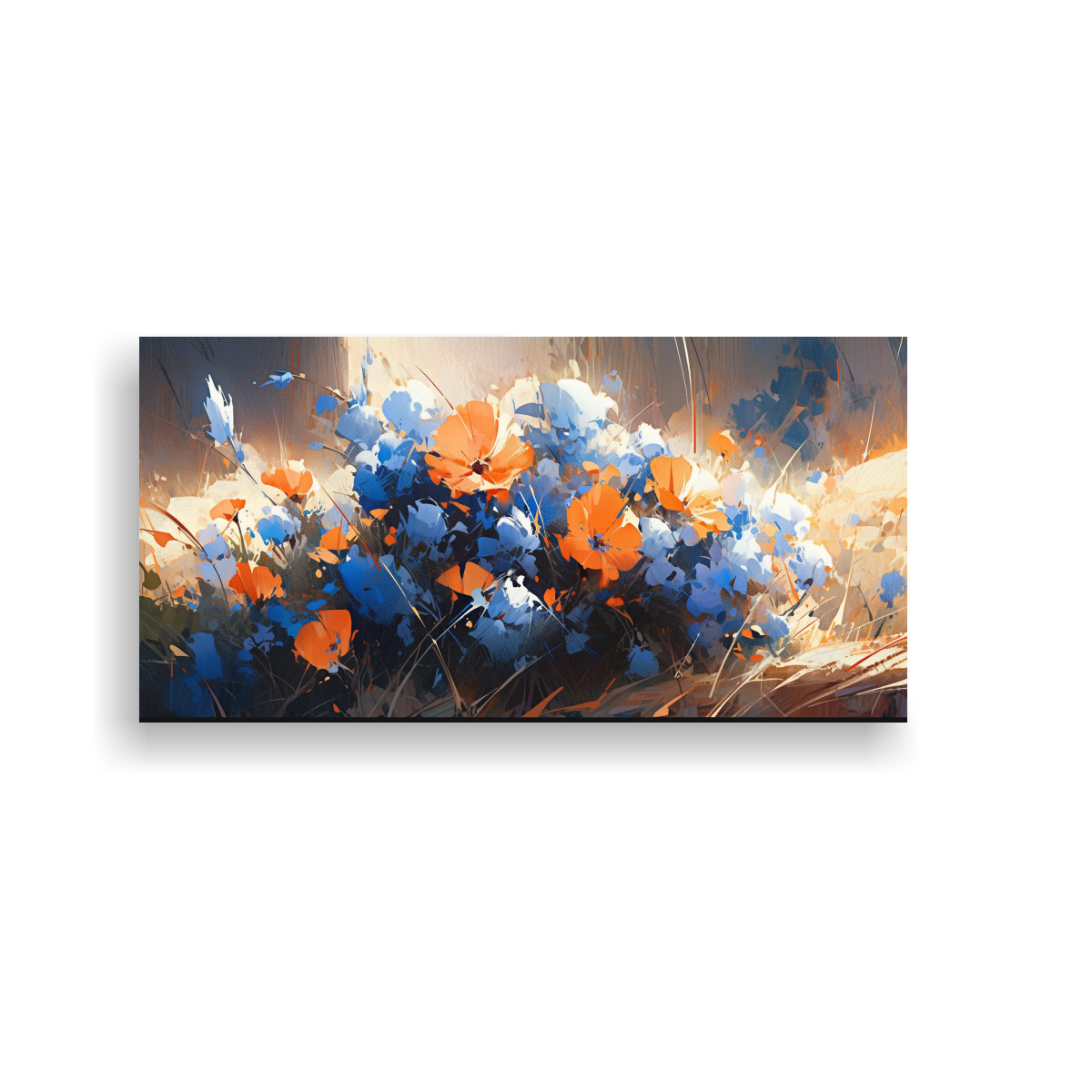 PINTURA EN BASTIDOR ESTILO GALERÍA: FLORES EN COLORES NARANJA Y AZUL PARA DECORACIÓN 140X70CM - 1